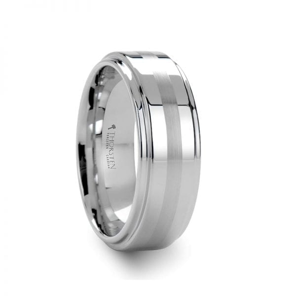 ADAIR Brushed Stripe White Tungsten Carbide Ring with Raised Center