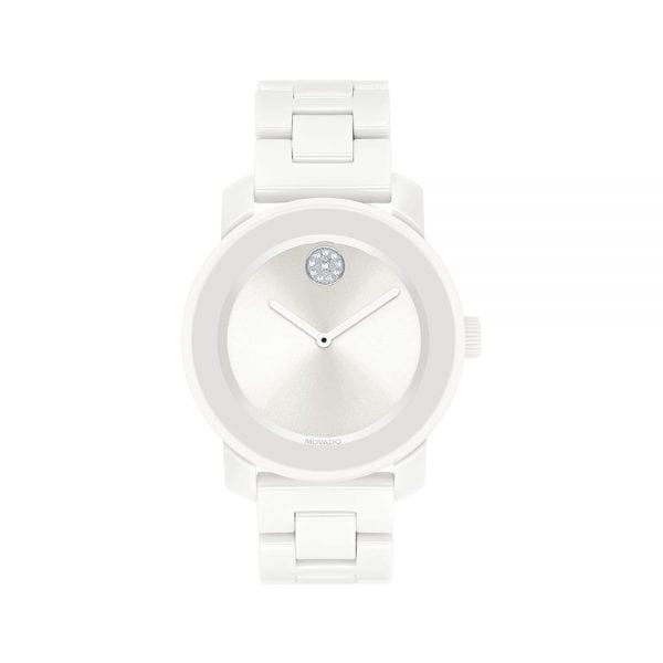 Movado BOLD 36 mm White Ceramic And Stainless Steel Case, K1 Crystal With A Ring Of Highly Reflective White-Toned Metallization