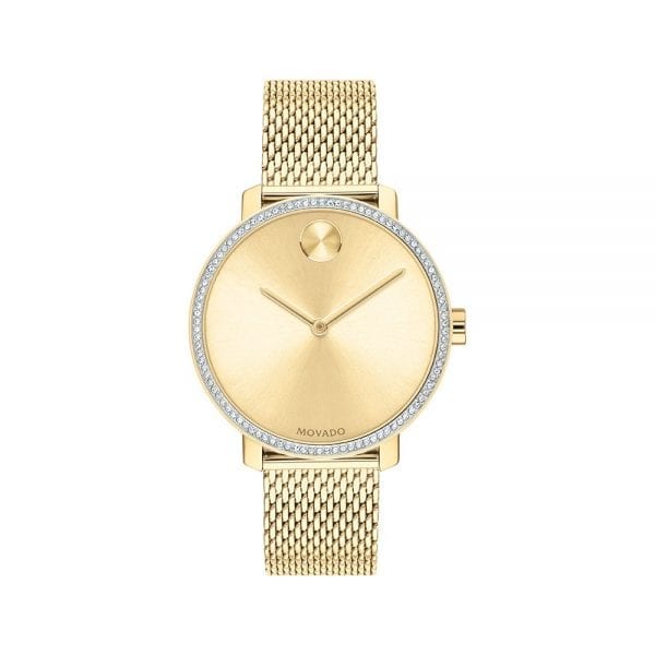 Movado BOLD, 34 mm yellow gold ion-plated mesh bracelet with gold-toned dial & a crystal bezel.