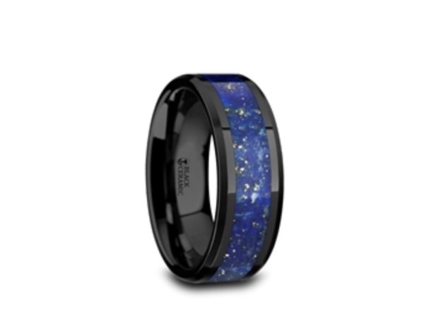 MARLOW Men’s Polished Black Ceramic Wedding Band with Blue Lapis Inlay & Beveled Edges - Image 3