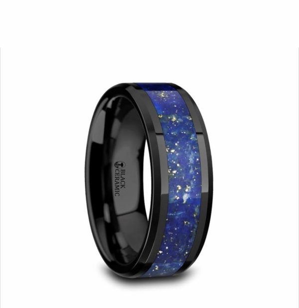 MARLOW Men’s Polished Black Ceramic Wedding Band with Blue Lapis Inlay & Beveled Edges