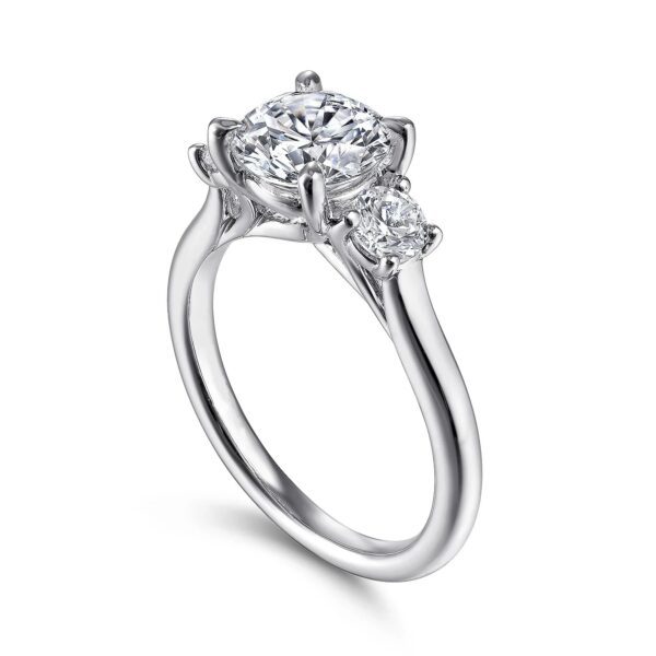 14Kt. White Gold Round Three Stone Engagement Ring/ Setting only, Center Stone Not Included - Image 2