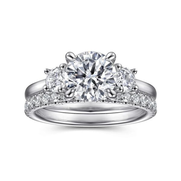 14Kt. White Gold Round Three Stone Engagement Ring/ Setting only, Center Stone Not Included - Image 5