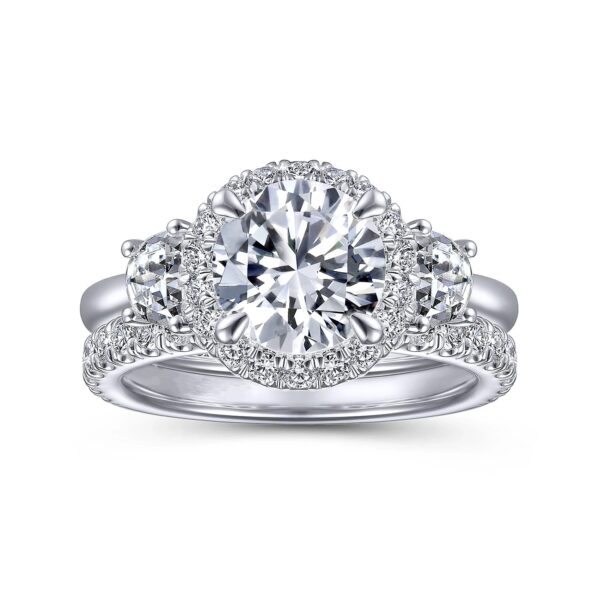 14K White Gold Round Three Stone Halo Diamond Engagement Ring - Image 5