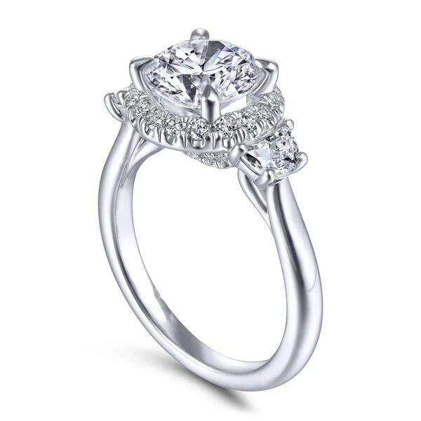 14K White Gold Round Three Stone Halo Diamond Engagement Ring - Image 3