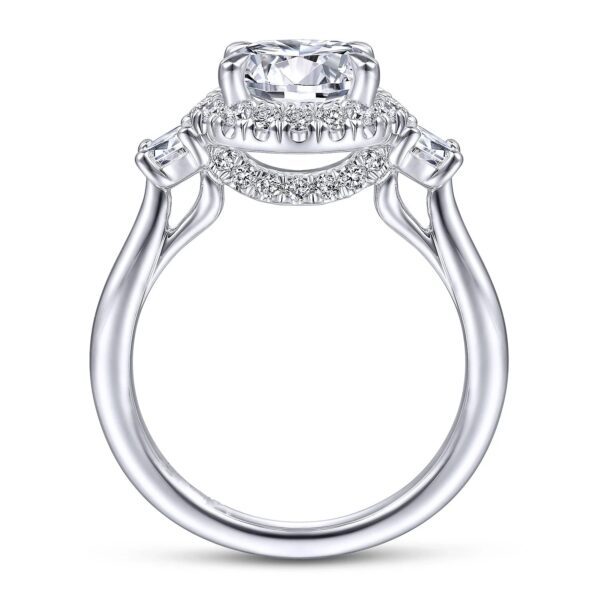 14K White Gold Round Three Stone Halo Diamond Engagement Ring - Image 4