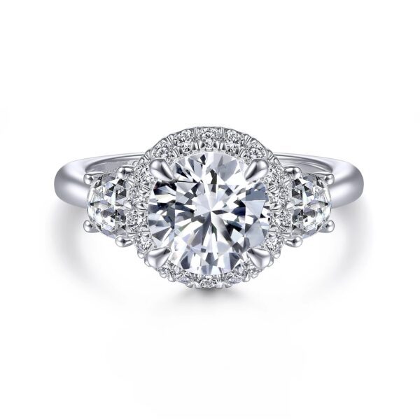 14K White Gold Round Three Stone Halo Diamond Engagement Ring