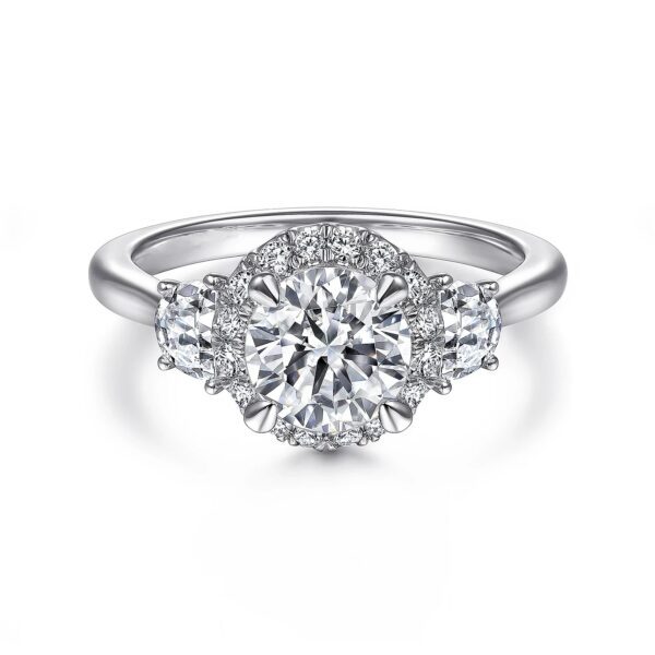 14K White Gold Round Three Stone Halo Diamond Engagement Ring