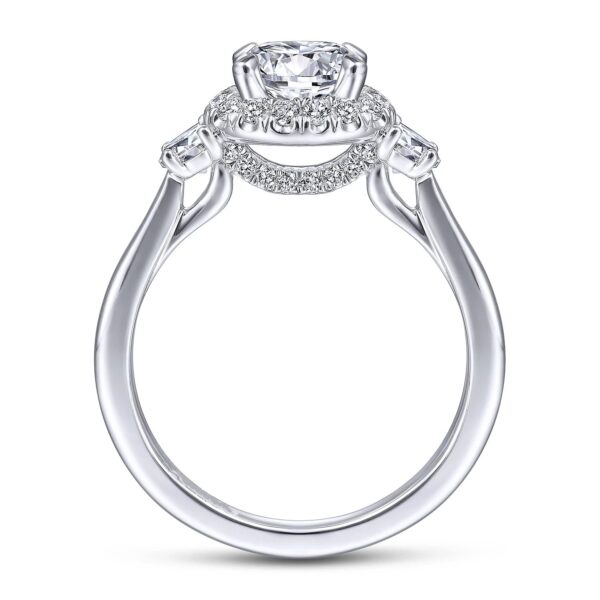 14K White Gold Round Three Stone Halo Diamond Engagement Ring - Image 2