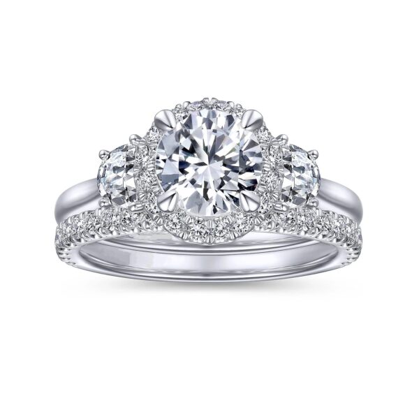 14K White Gold Round Three Stone Halo Diamond Engagement Ring - Image 5