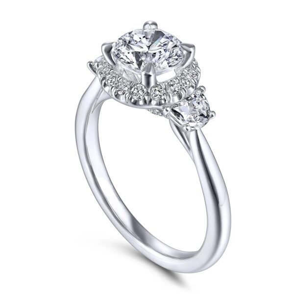 14K White Gold Round Three Stone Halo Diamond Engagement Ring - Image 4