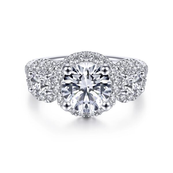 14K White Gold Round Three Stone Halo Diamond Engagement Ring