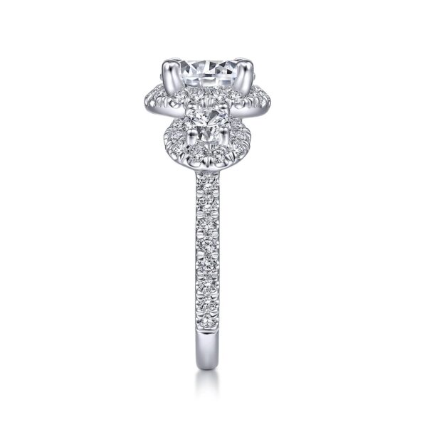 14K White Gold Round Three Stone Halo Diamond Engagement Ring - Image 4