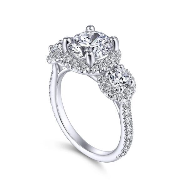 14K White Gold Round Three Stone Halo Diamond Engagement Ring - Image 2