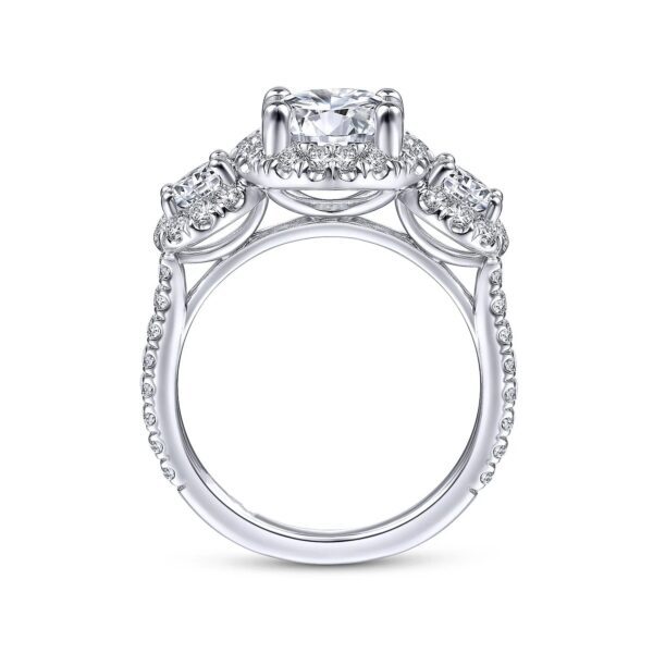 14K White Gold Round Three Stone Halo Diamond Engagement Ring - Image 3