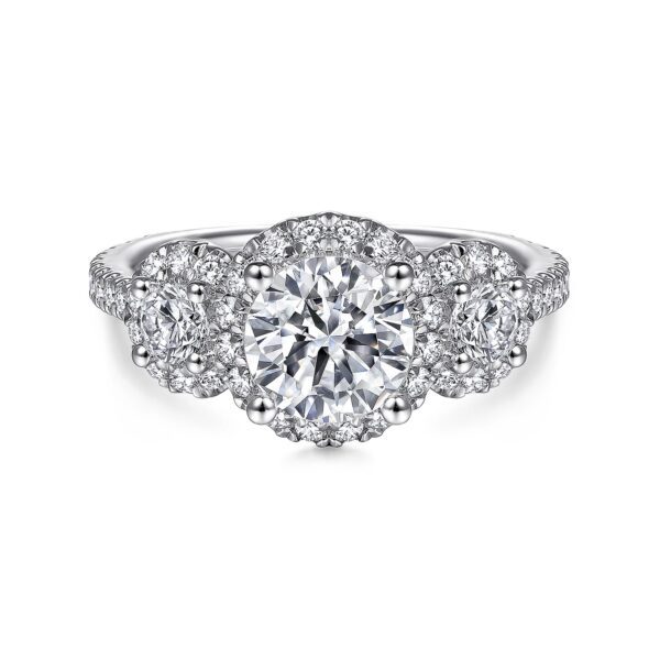 14K White Gold Round Three Stone Halo Diamond Engagement Ring