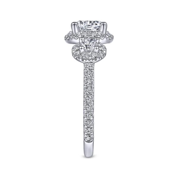 14K White Gold Round Three Stone Halo Diamond Engagement Ring - Image 3