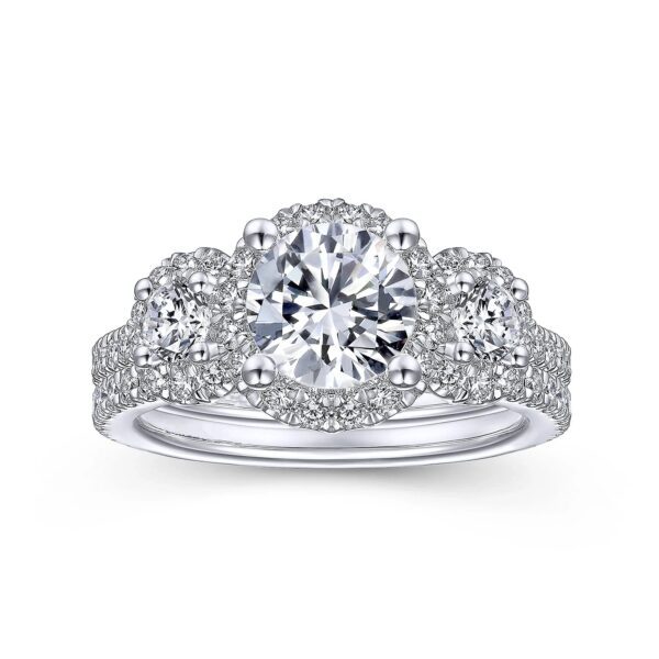 14K White Gold Round Three Stone Halo Diamond Engagement Ring - Image 5