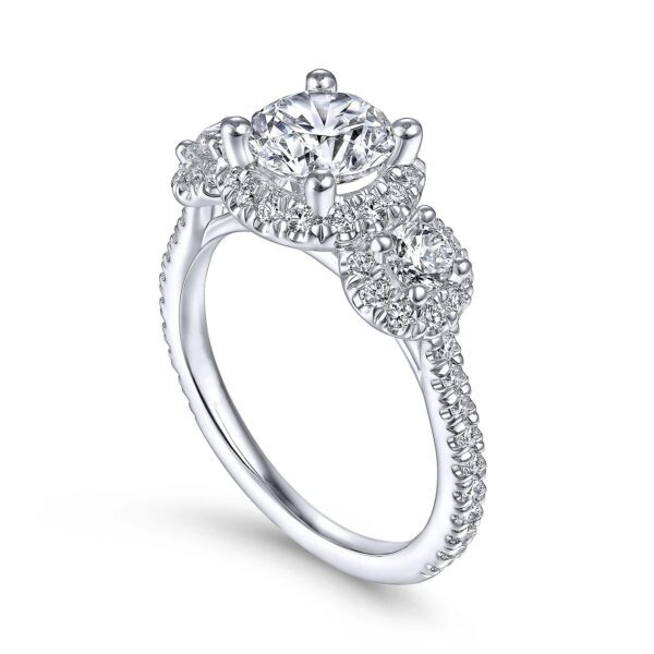 14K White Gold Round Three Stone Halo Diamond Engagement Ring - Image 4