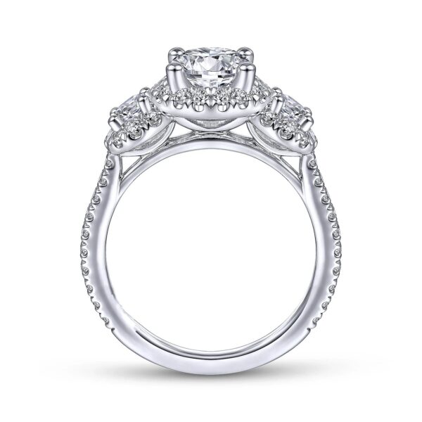 14K White Gold Round Three Stone Halo Diamond Engagement Ring - Image 2