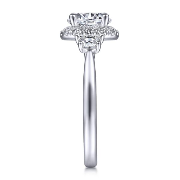 14K White Gold Round Three Stone Halo Diamond Engagement Ring - Image 4