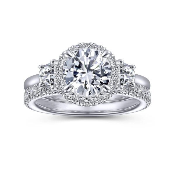 14K White Gold Round Three Stone Halo Diamond Engagement Ring - Image 5