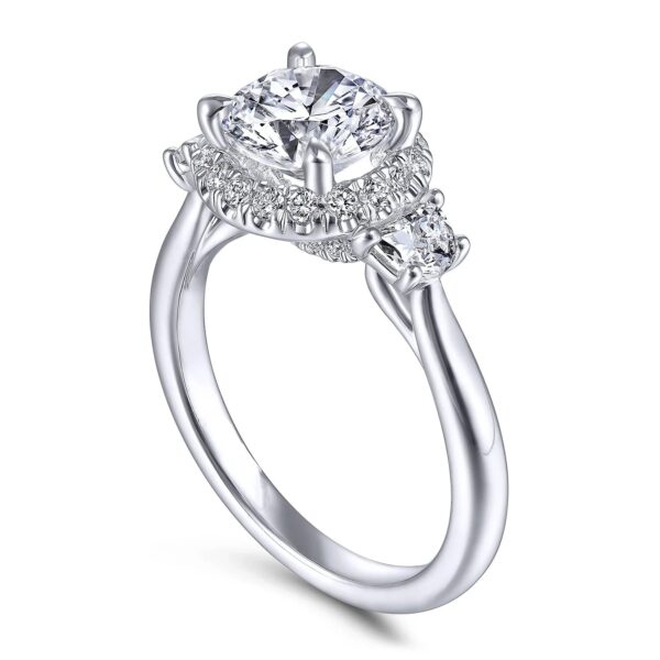 14K White Gold Round Three Stone Halo Diamond Engagement Ring - Image 3