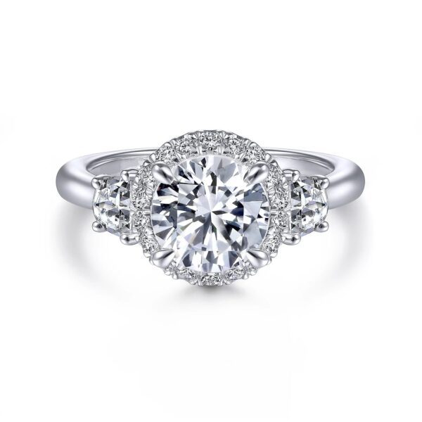 14K White Gold Round Three Stone Halo Diamond Engagement Ring