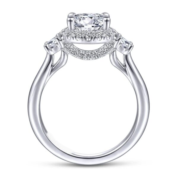 14K White Gold Round Three Stone Halo Diamond Engagement Ring - Image 2