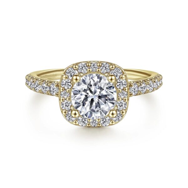 14K Yellow Gold Cushion Halo Round Diamond Engagement Ring