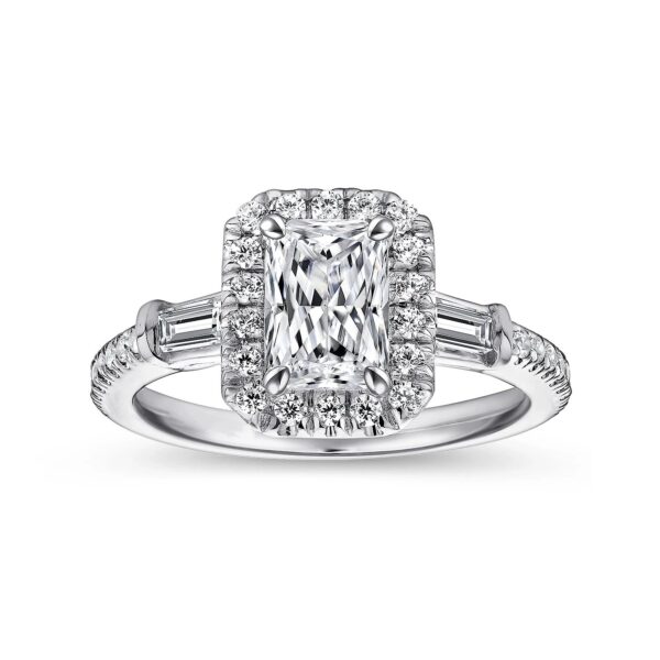 14K White Gold Three Stone Halo Emerald Cut Diamond Channel Set Engagement Ring - Image 4