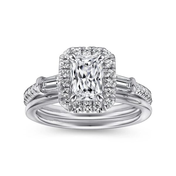 14K White Gold Three Stone Halo Emerald Cut Diamond Channel Set Engagement Ring - Image 5