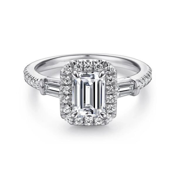 14K White Gold Three Stone Halo Emerald Cut Diamond Channel Set Engagement Ring