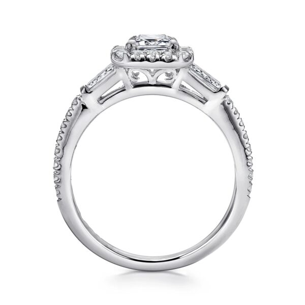 14K White Gold Three Stone Halo Emerald Cut Diamond Channel Set Engagement Ring - Image 2