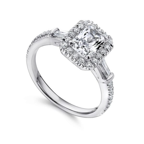 14K White Gold Three Stone Halo Emerald Cut Diamond Channel Set Engagement Ring - Image 3