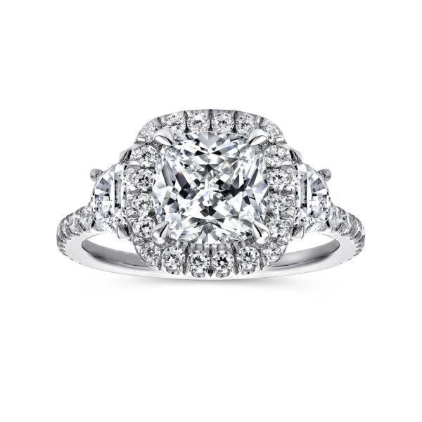 14K White Gold Cushion Three Stone Halo Diamond Engagement Ring - Image 4