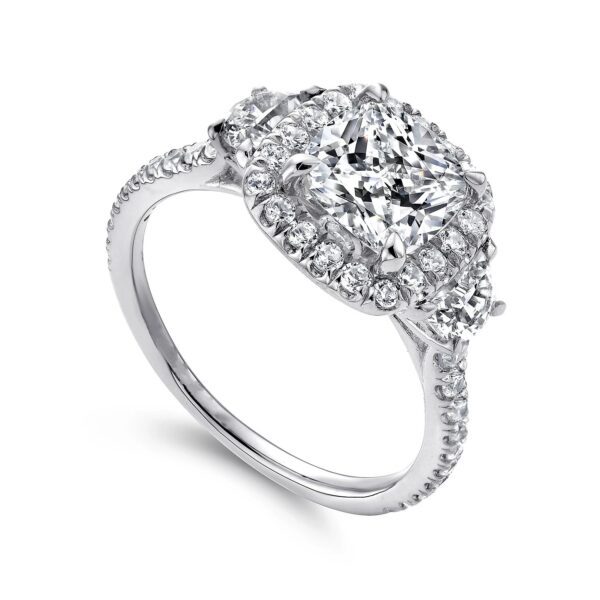 14K White Gold Cushion Three Stone Halo Diamond Engagement Ring - Image 3