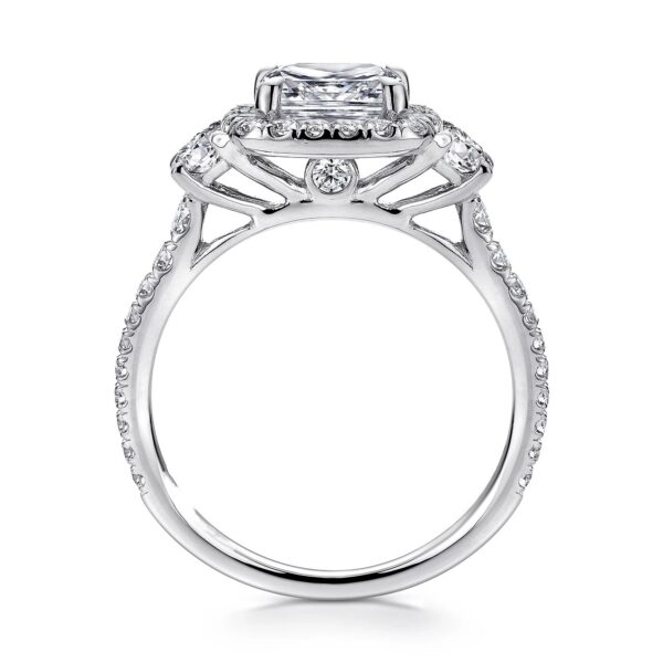 14K White Gold Cushion Three Stone Halo Diamond Engagement Ring - Image 2