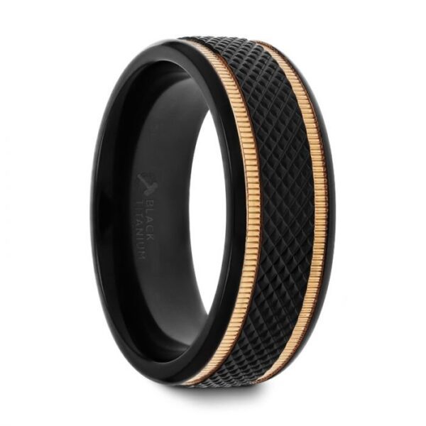 BAROQUE Black Titanium Diamond Pattern Brushed Finish Men’s Wedding Ring with Gold Milgrain Grooves