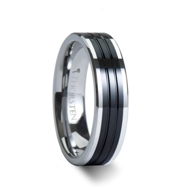 EDINBURGH Tungsten Ring with Flat Grooved Black Ceramic Inlay - Image 3