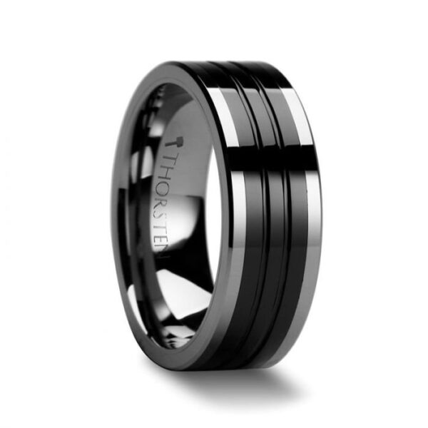 EDINBURGH Tungsten Ring with Flat Grooved Black Ceramic Inlay