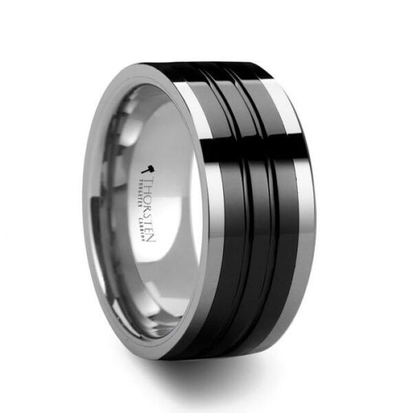 EDINBURGH Tungsten Ring with Flat Grooved Black Ceramic Inlay - Image 2