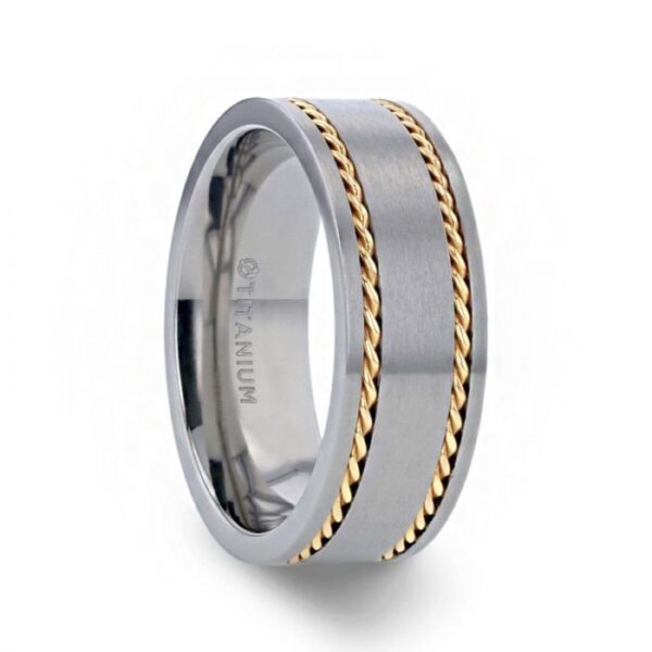 FERDINAND Titanium Brushed Finish Flat Men's Wedding Ring With 14K Yellow Gold Dual Braided Inlay