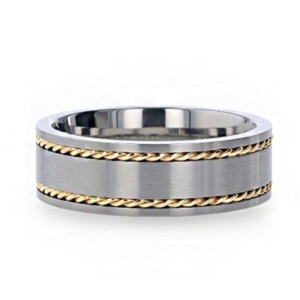 FERDINAND Titanium Brushed Finish Flat Men's Wedding Ring With 14K Yellow Gold Dual Braided Inlay - Image 3