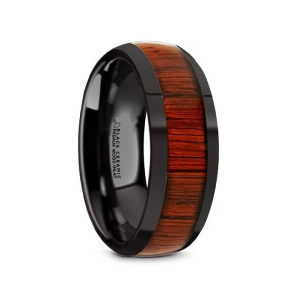 MANE Black Ceramic Polished Finish Men’s Domed Wedding Band with Padauk Wood Inlay - 8mm