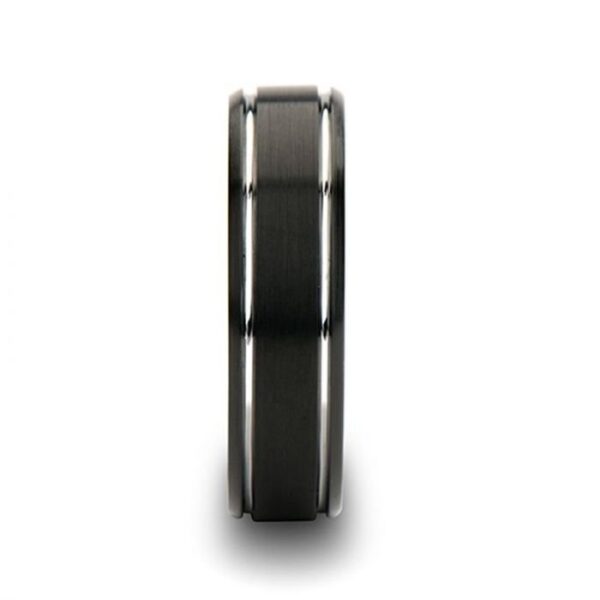 NOCTURNE Beveled Black Tungsten Carbide Band with Brushed Finish and Polished Grooves - Image 2