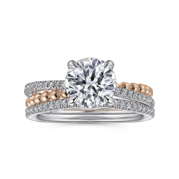 14K White-Rose Gold Split Shank Round Hidden Halo Diamond Engagement Ring - Image 5