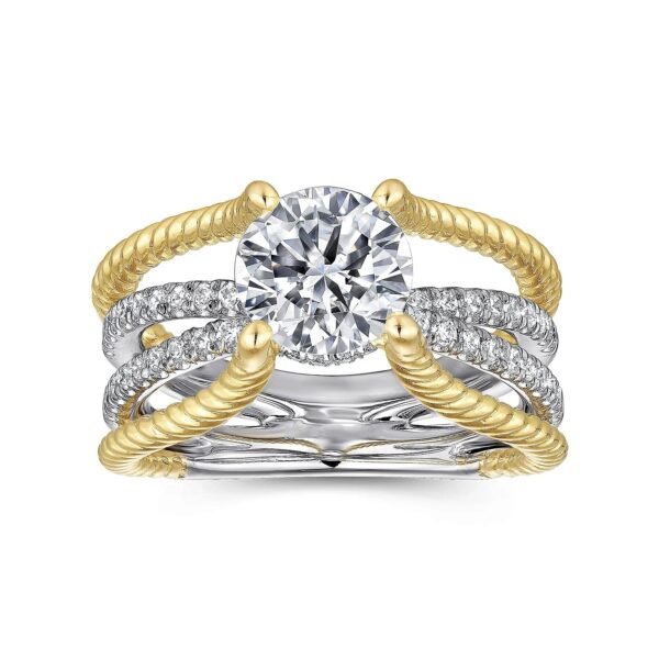 14K White-Yellow Gold Free Form Round Diamond Engagement Ring - Image 4