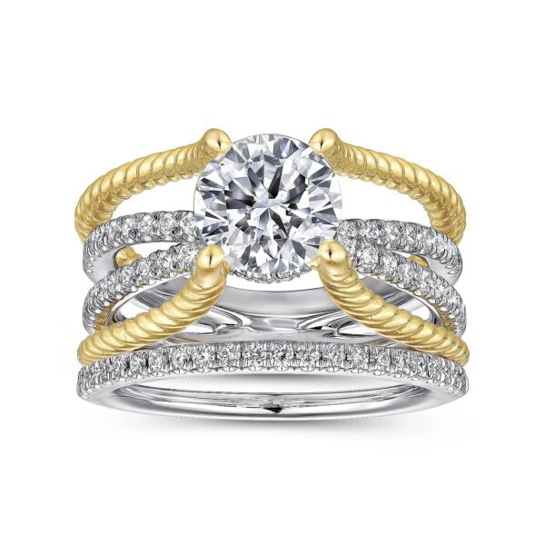 14K White-Yellow Gold Free Form Round Diamond Engagement Ring - Image 5