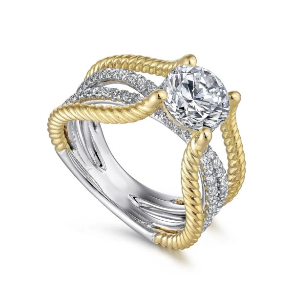 14K White-Yellow Gold Free Form Round Diamond Engagement Ring - Image 3
